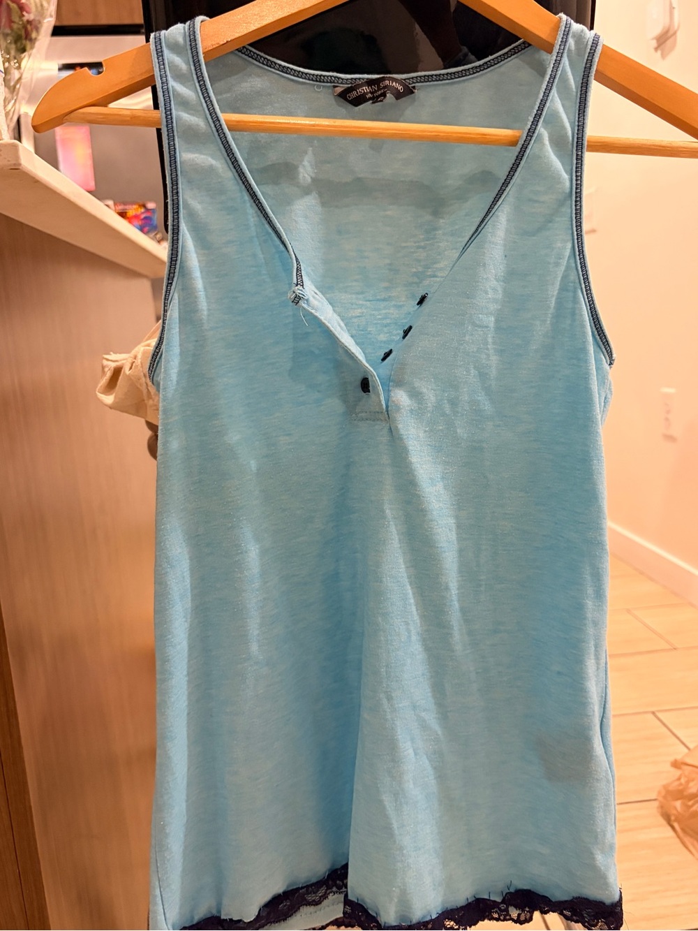 Christian Siriano Sky Blue Tank with Navy Lace Trim